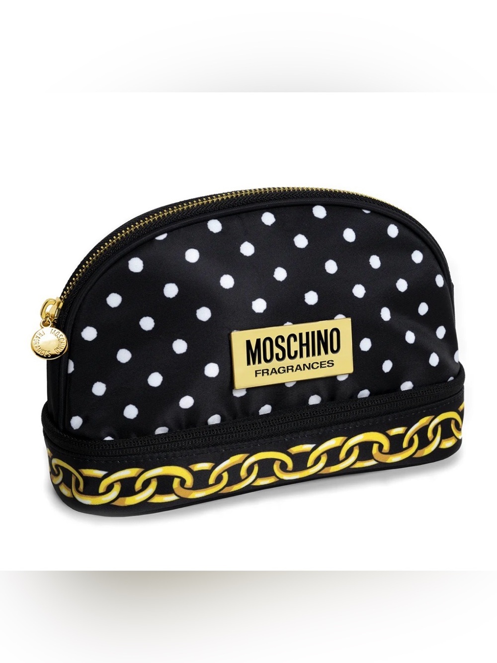 Moschino Black and White Polka Dot Cosmetic Pouch with Gold Accents NEW